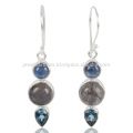 Genuine Kyanite Labradorite And Swiss Blue Topaz Gemstone 925 Streling Sliver Earring